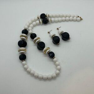 Vintage Black White Acrylic Bead Necklace Earring Set Gold Geometric 80s Jewelry